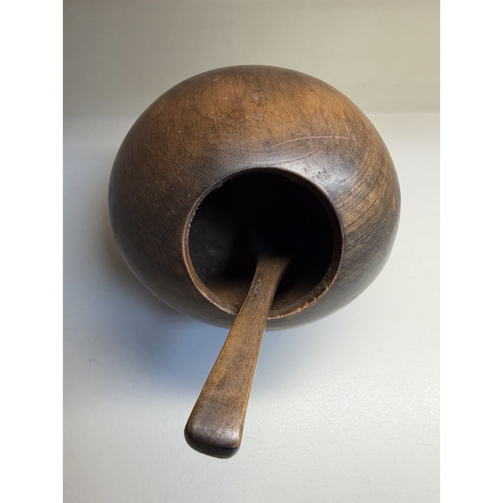 Vintage MCM Monkey Pod Wood Orb Salt Cellar/Nut Bowl, W/Spoon! EUC